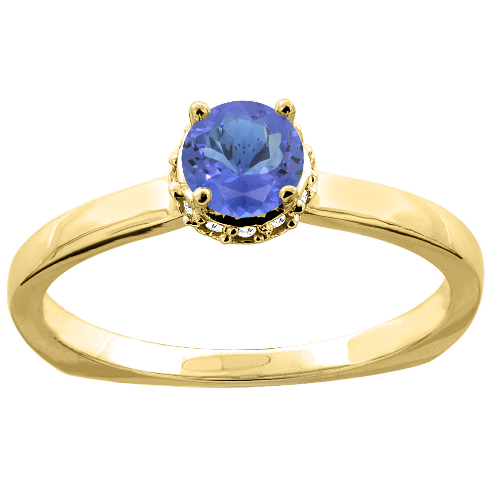 14K Yellow Gold Natural Tanzanite Solitaire Engagement Ring Round 4mm Diamond Accents, size 10