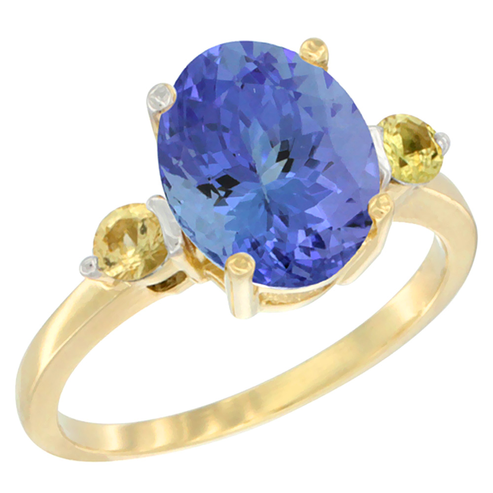 14K Yellow Gold 10x8mm Oval Natural Tanzanite Ring for Women Yellow Sapphire Side-stones sizes 5 - 10