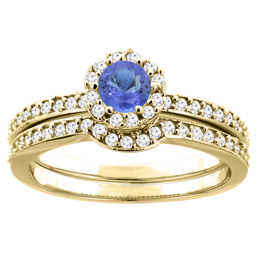 10K Yellow Gold Natural Tanzanite 2-pc Bridal Ring Set Diamond Accent Round 4mm, sizes 5 - 10