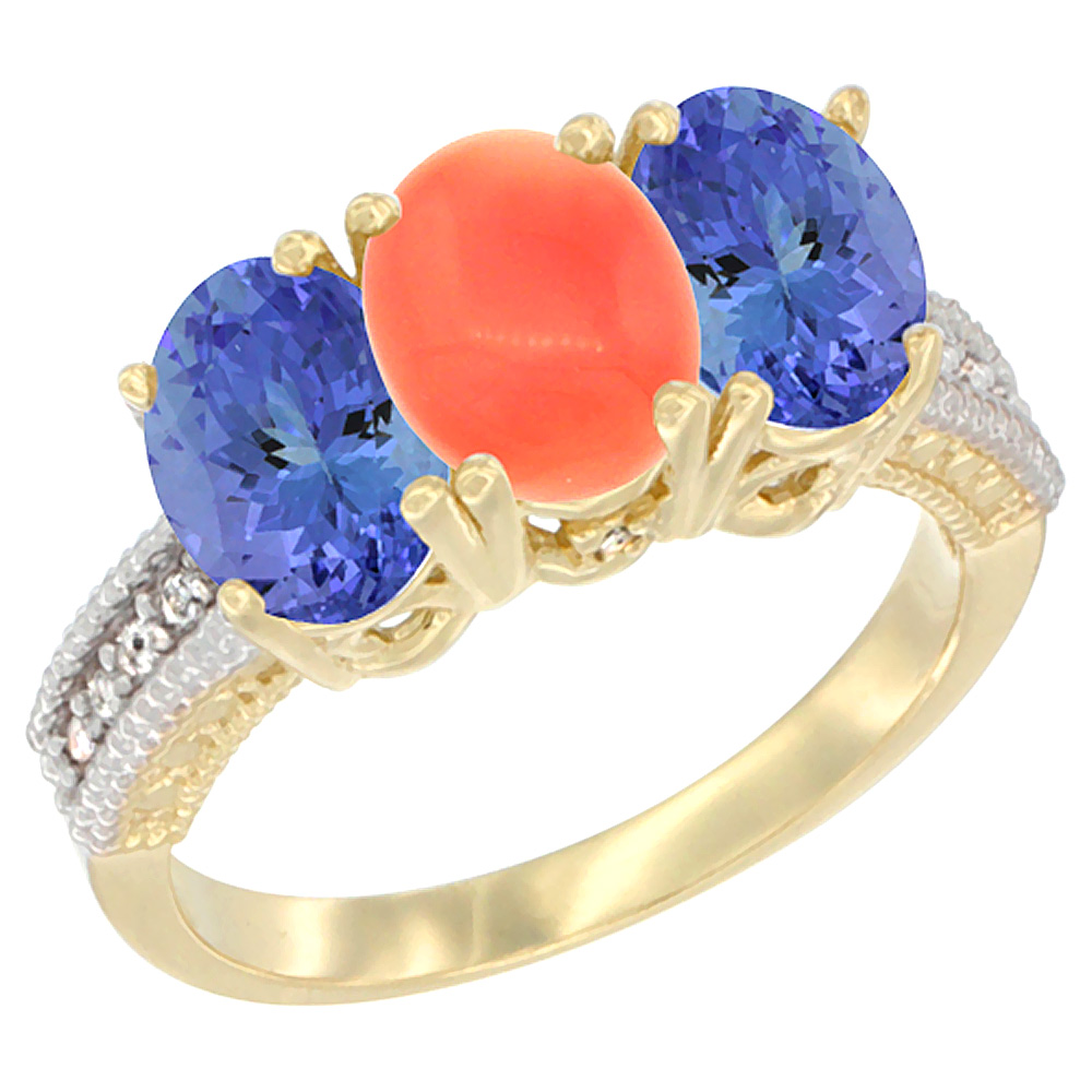 14K Yellow Gold Natural Coral Ring with Tanzanite 3-Stone 7x5 mm Oval Diamond Accent, sizes 5 - 10