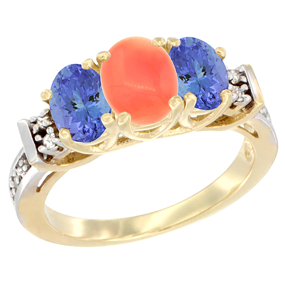10K Yellow Gold Natural Coral & Tanzanite Ring 3-Stone Oval Diamond Accent