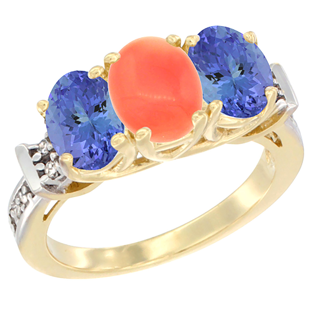 14K Yellow Gold Natural Coral &amp; Tanzanite Sides Ring 3-Stone Oval Diamond Accent, sizes 5 - 10