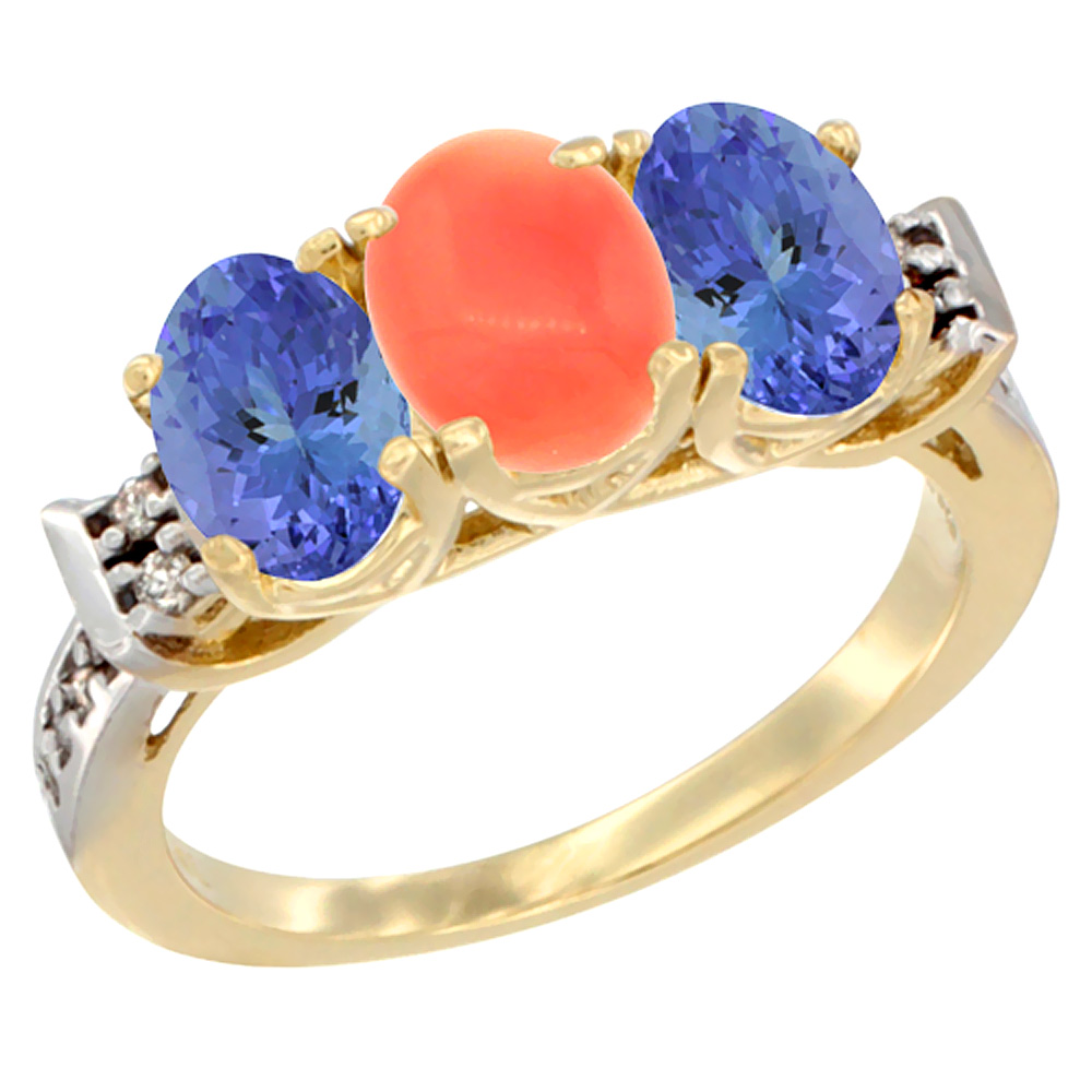 10K Yellow Gold Natural Coral & Tanzanite Sides Ring 3-Stone Oval 7x5 mm Diamond Accent, sizes 5 - 10