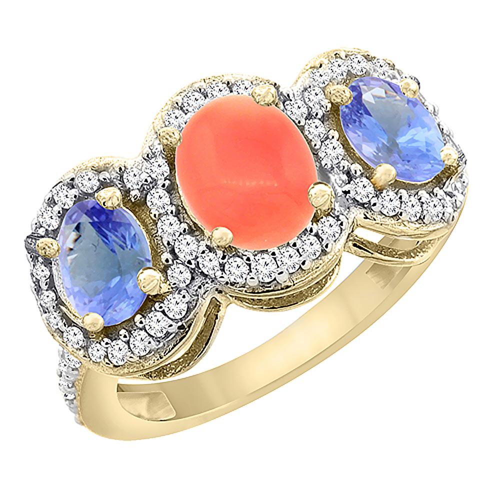 10K Yellow Gold Natural Coral & Tanzanite 3-Stone Ring Oval Diamond Accent, sizes 5 - 10