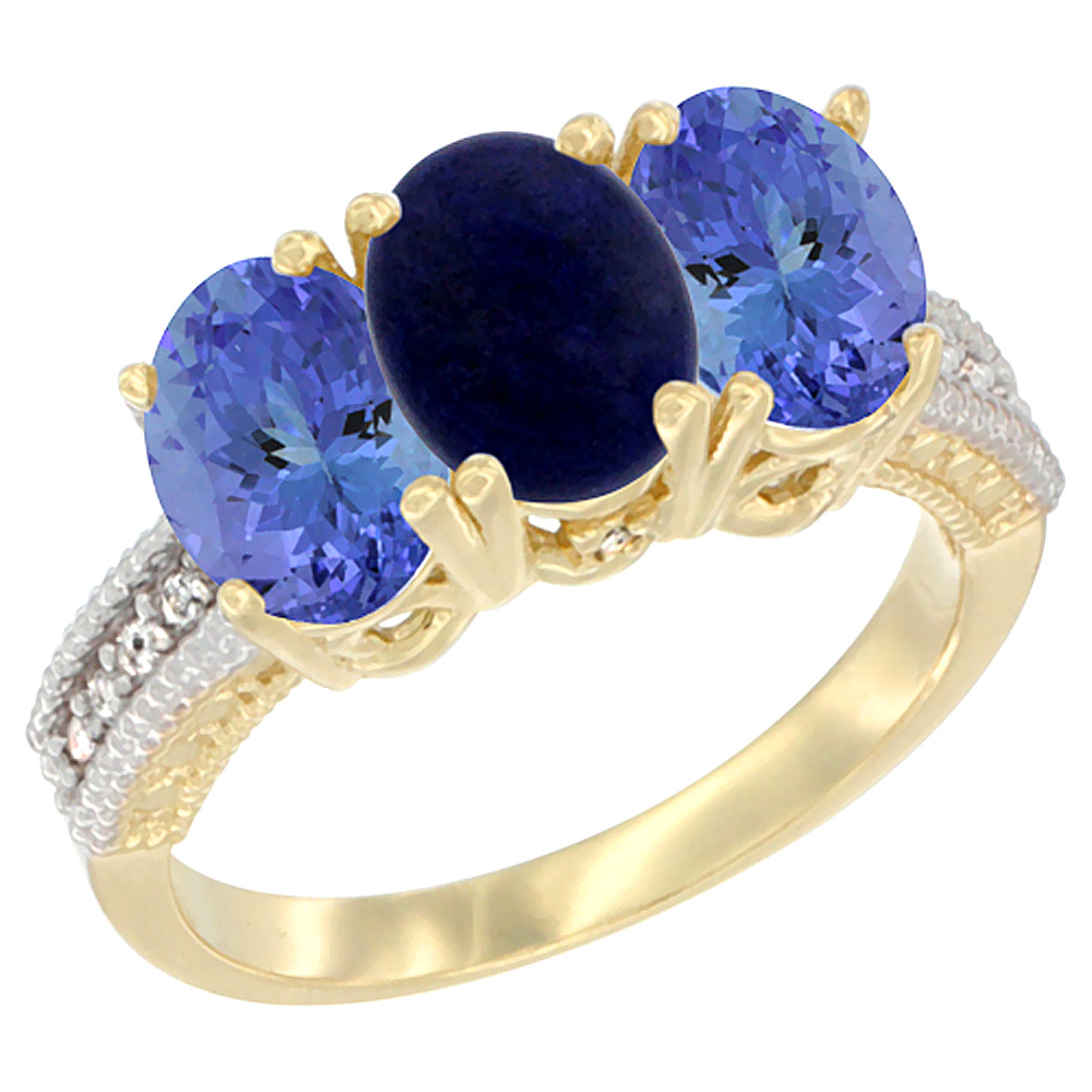 14K Yellow Gold Natural Lapis Ring with Tanzanite 3-Stone 7x5 mm Oval Diamond Accent, sizes 5 - 10
