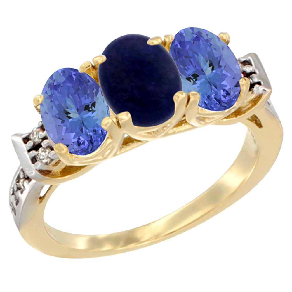 10K Yellow Gold Natural Lapis &amp; Tanzanite Sides Ring 3-Stone Oval 7x5 mm Diamond Accent, sizes 5 - 10