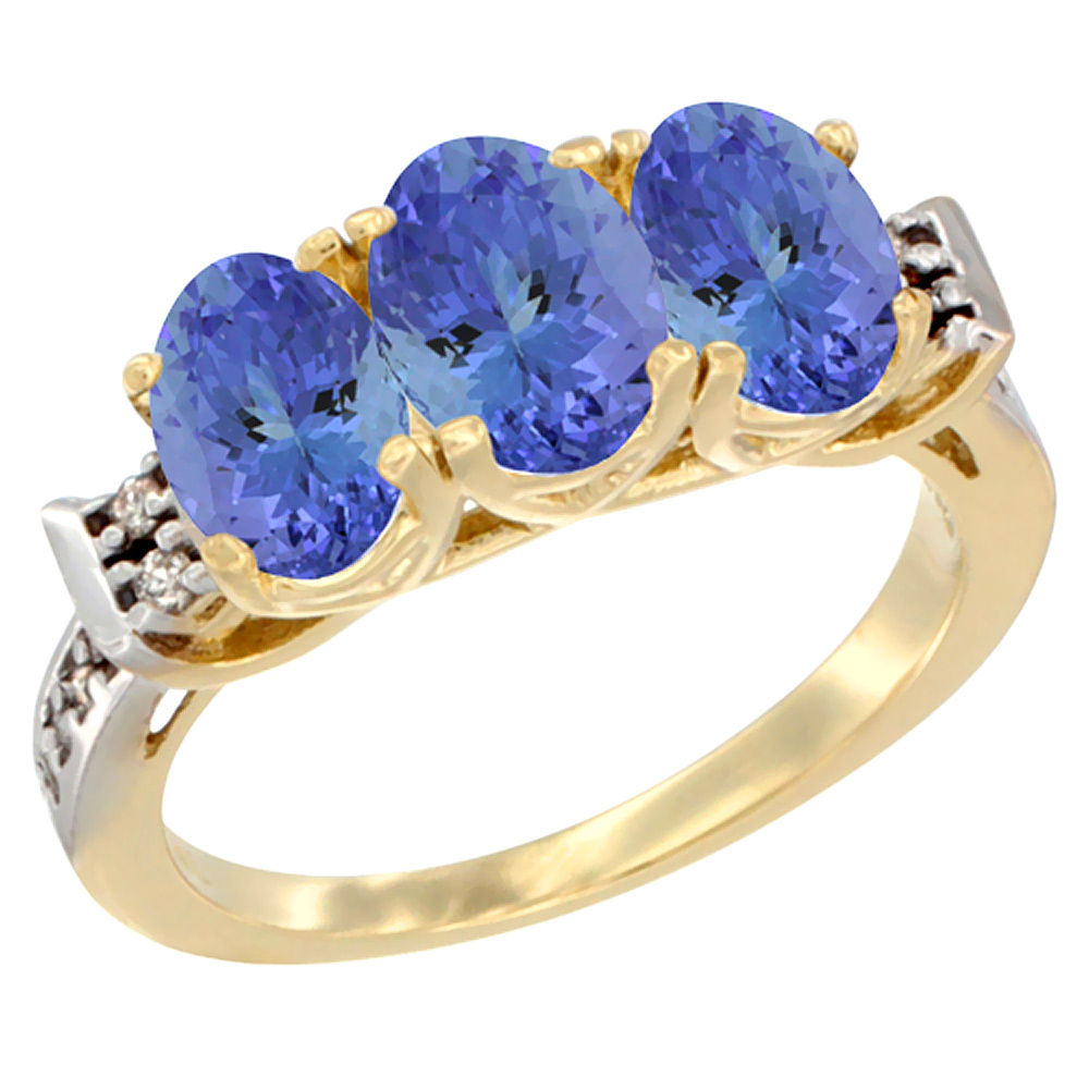 14K Yellow Gold Natural Tanzanite Ring 3-Stone 7x5 mm Oval Diamond Accent, sizes 5 - 10