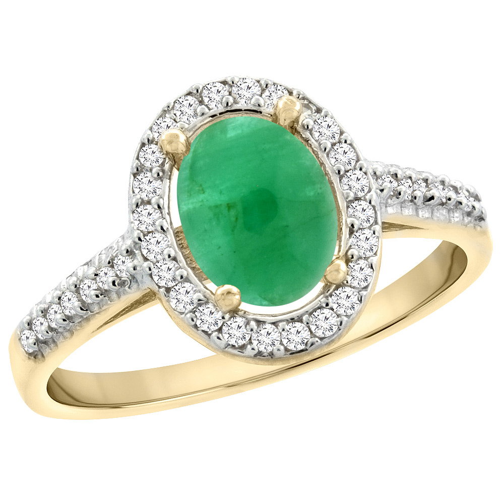 14K Yellow Gold Natural Cabochon Emerald Engagement Ring Oval 7x5 mm Diamond Halo, sizes 5 - 10