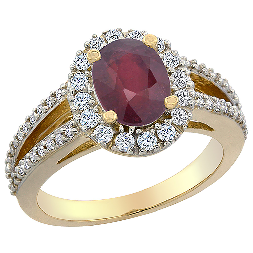 10K Yellow Gold Diamond Natural Quality Ruby Halo Engagement Ring Oval 8x6 mm, size 5 - 10