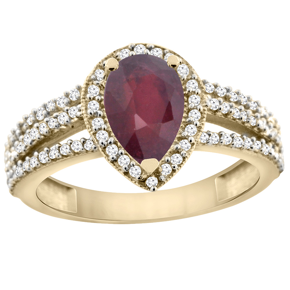 10K Yellow Gold Diamond Halo Natural Quality Ruby Engagement Ring 9x7 Pear, size 5 - 10