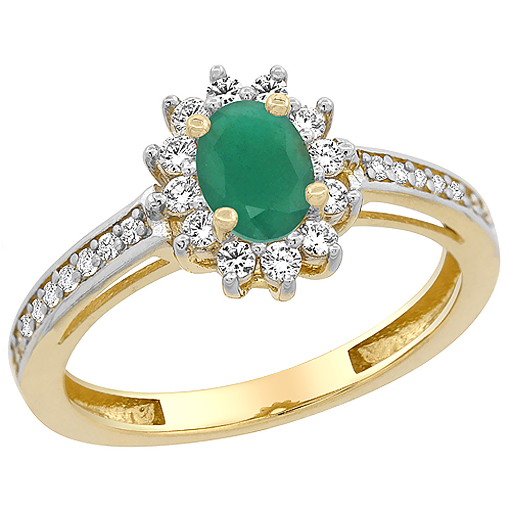 14K Yellow Gold Diamond Flower Halo Natural Quality Emerald Engagement Ring Oval 6x4mm, size 5 - 10