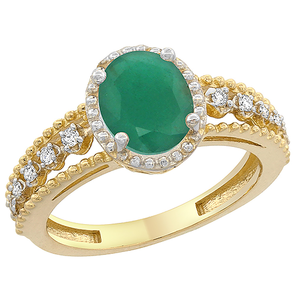 10K Yellow Gold Diamond Natural Quality Emerald Engagement Ring Oval 8x6 mm, size 5 - 10