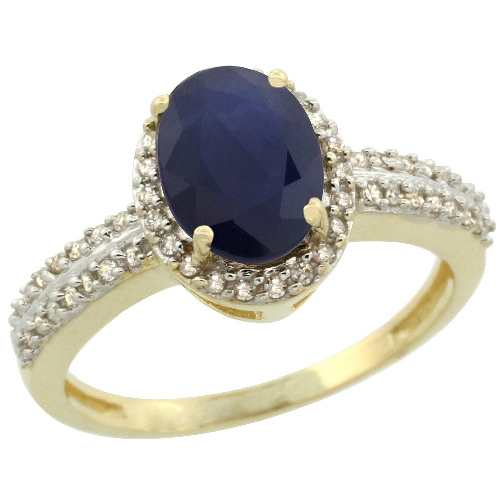 10k Yellow Gold Diamond Halo Natural Quality Blue Sapphire Engagement Ring Oval 8x6mm, size 5-10