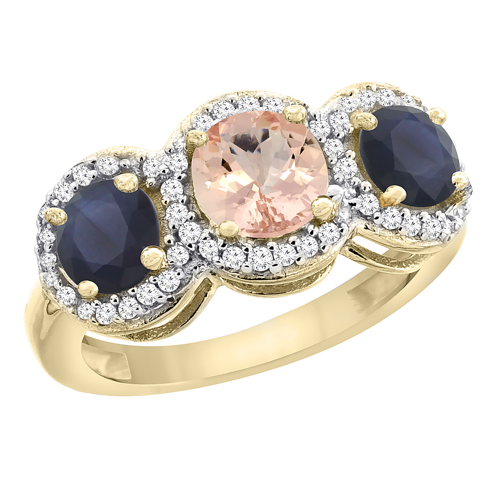 14K Yellow Gold Natural Morganite & High Quality Blue Sapphire Sides Round 3-stone Ring Diamond Accents, sizes 5 - 10