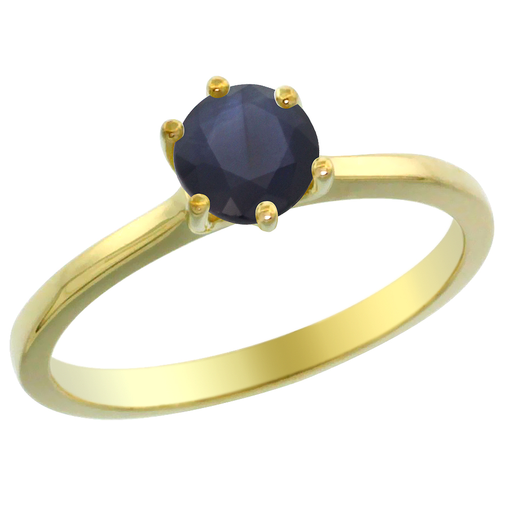 14K Yellow Gold Diamond Natural Quality Blue Sapphire Solitaire Engagement Ring Round 6mm, size 5 - 10