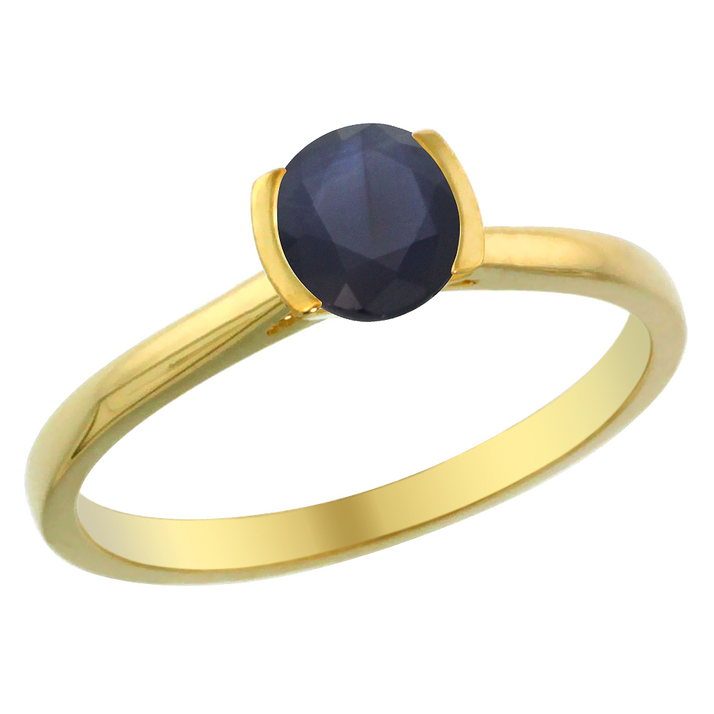 14K Yellow Gold Diamond Natural Quality Blue Sapphire Solitaire Engagement Ring Round 5mm, size 5 - 10