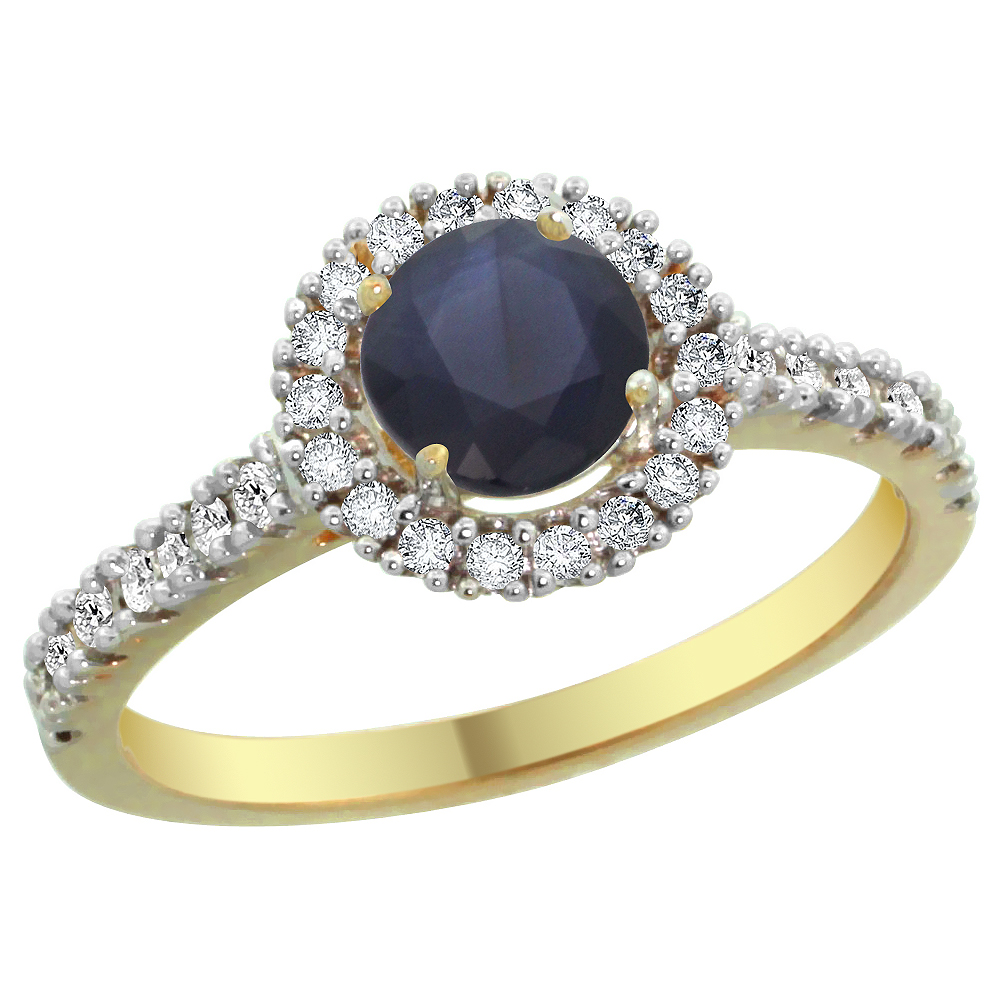 14K Yellow Gold Diamond Halo Natural Quality Blue Sapphire Engagement Ring Round 6mm, size 5 - 10