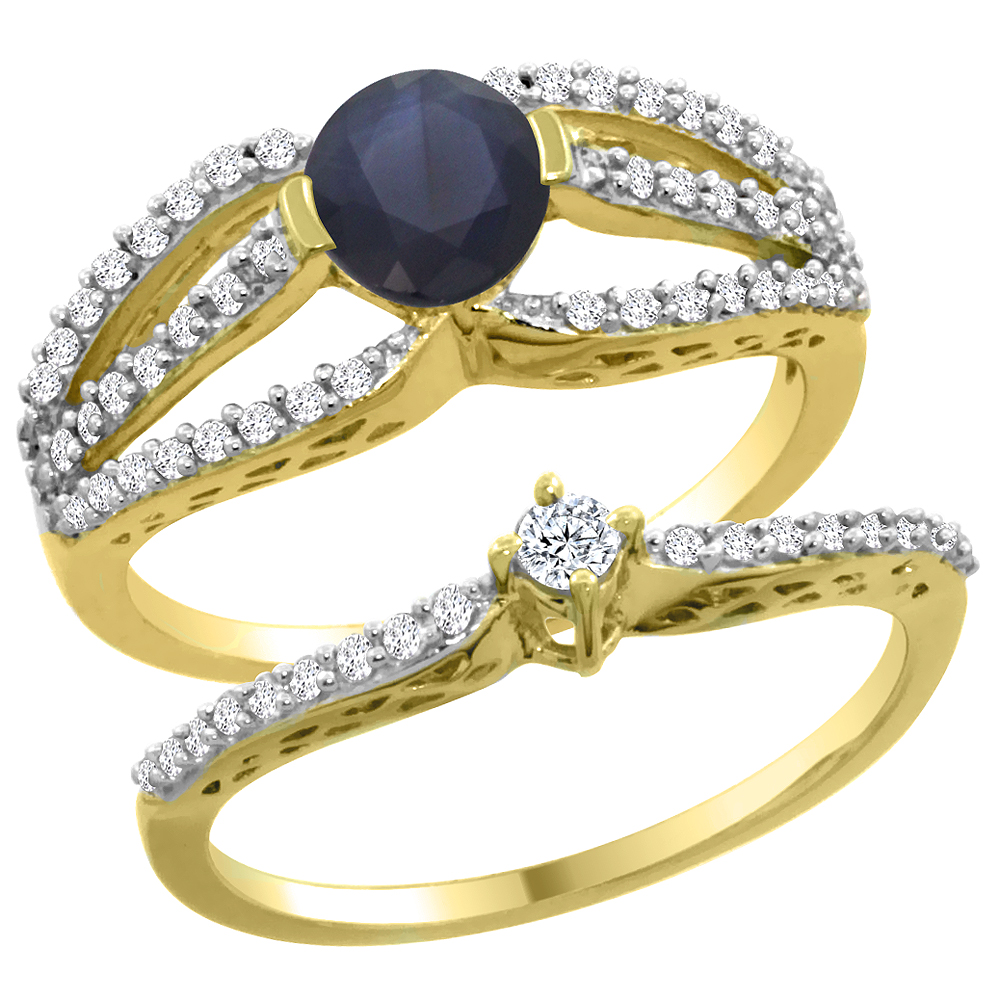 14K Yellow Gold Natural High Quality Blue Sapphire 2-piece Engagement Ring Set Round 5mm, sizes 5 - 10