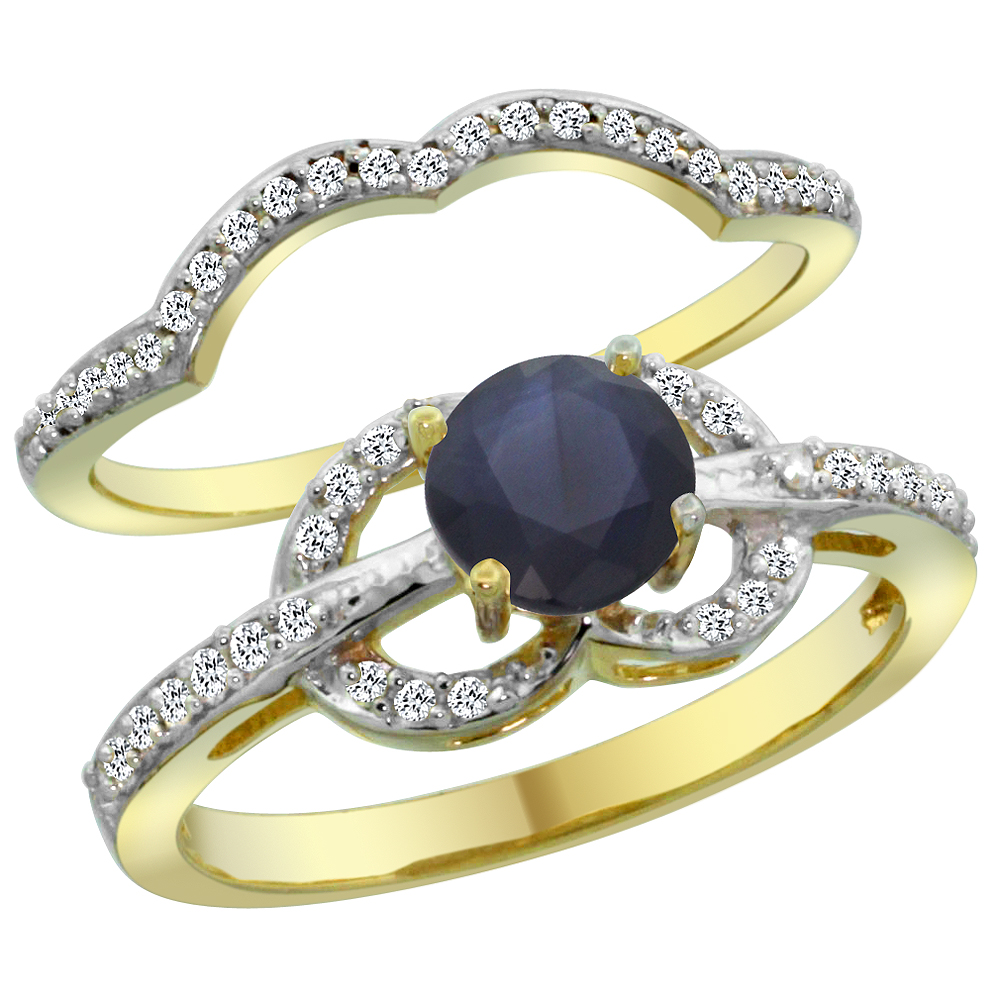 14K Yellow Gold Natural High Quality Blue Sapphire 2-piece Engagement Ring Set Round 6mm, sizes 5 - 10