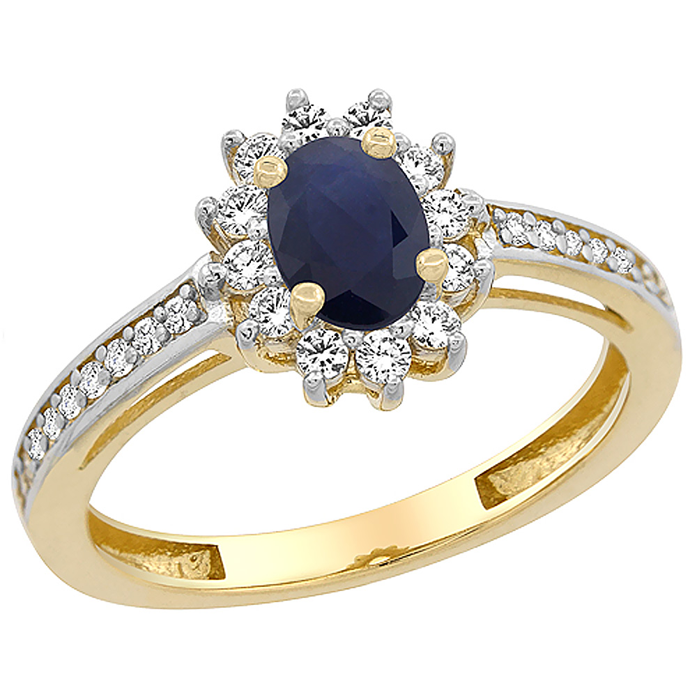 10K Yellow Gold Diamond Halo Natural Quality Blue Sapphire Engagement Ring Oval 6x4 mm, size 5 - 10