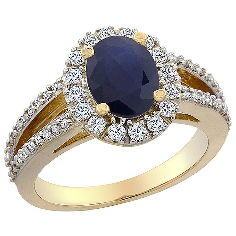 10K Yellow Gold Diamond Halo Natural Quality Blue Sapphire Engagement Ring Oval 8x6 mm, size 5 - 10