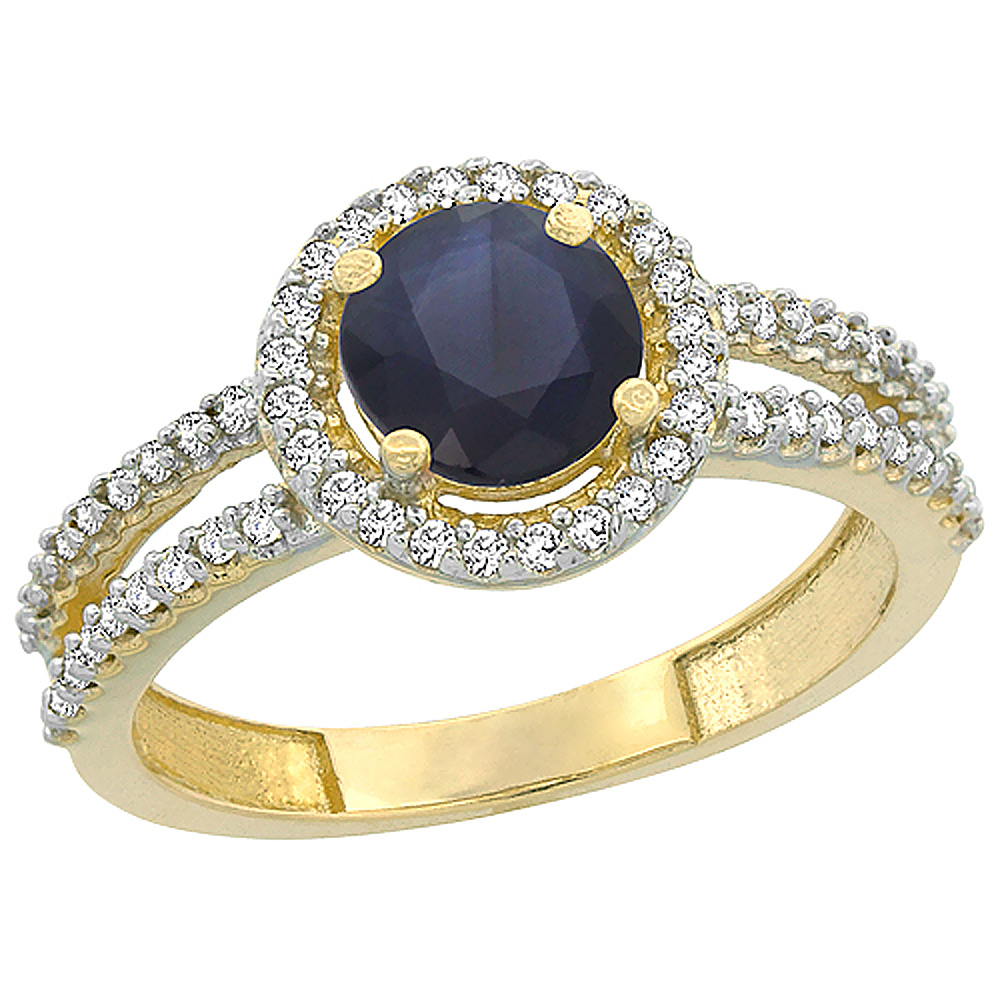 14K Yellow Gold Natural Blue Sapphire Diamond Halo Ring Round 6mm, sizes 5 - 10