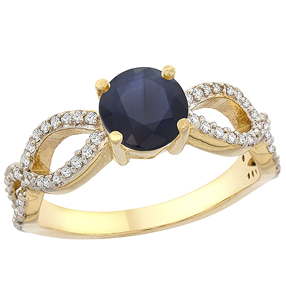10K Yellow Gold Diamond Halo Natural Quality Blue Sapphire Engagement Ring Round 6mm, size 5 - 10