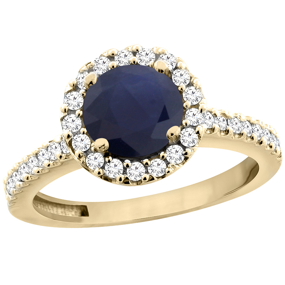 14K Yellow Gold Natural High Quality Blue Sapphire Ring Round 6mm Floating Halo Diamond, sizes 5 - 10