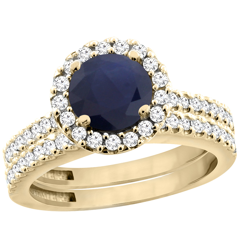 14K Yellow Gold Diamond Halo Natural Quality Blue Sapphire Round 6mm 2pc Engagement Ring Set, size5-10