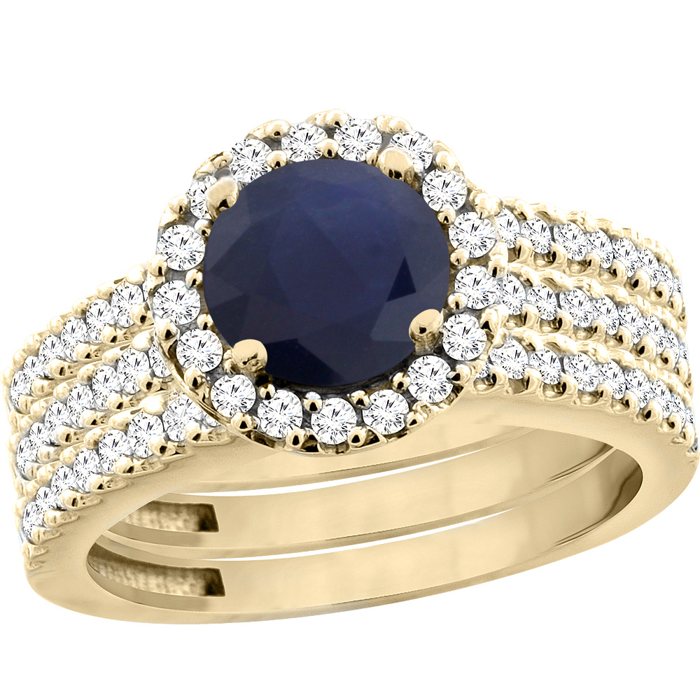 14K Yellow Gold Diamond Halo Natural Quality Blue Sapphire 3pc Engagement Ring Set Round 6mm, size5-10
