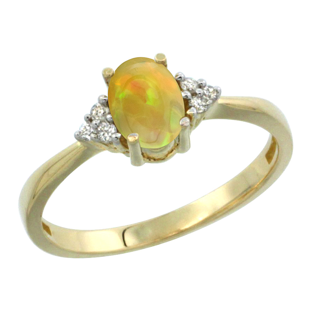 10K Yellow Gold Diamond Natural Ethiopian Opal Engagement Ring Oval 7x5mm, size 5-10