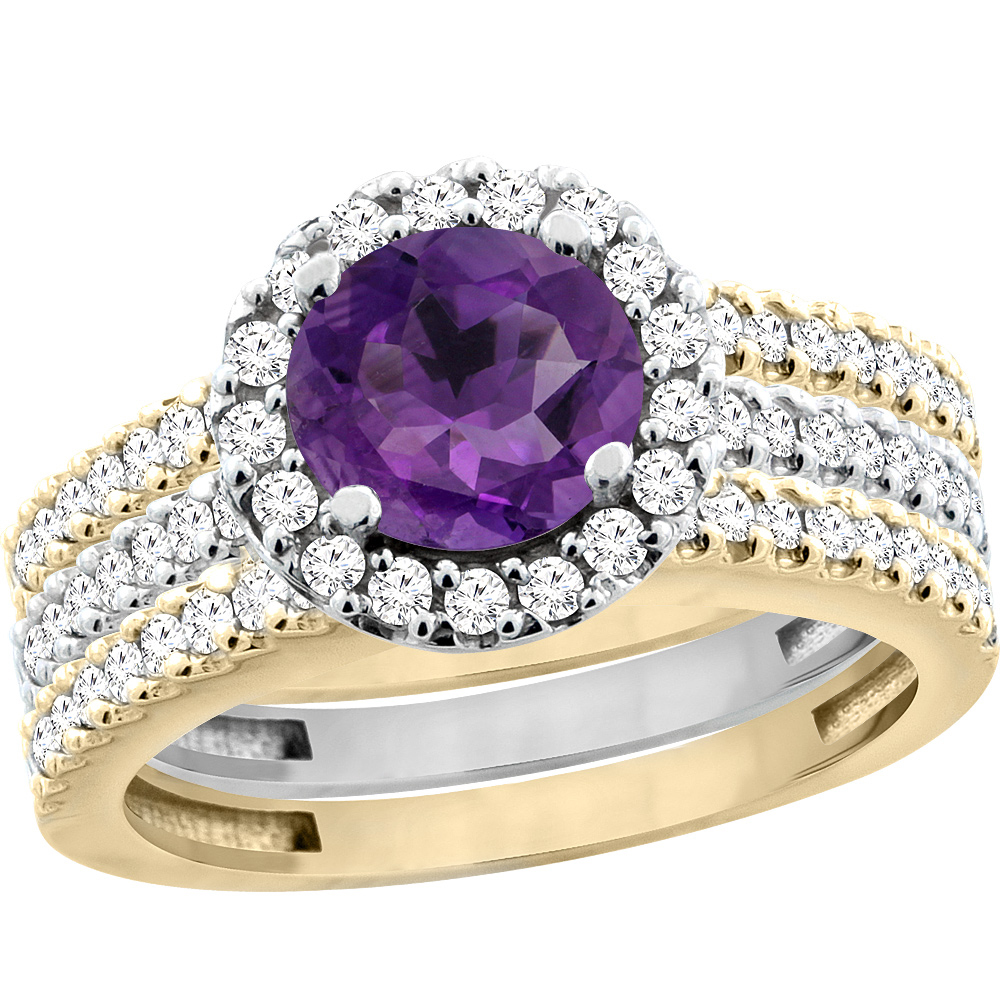 14K Gold Natural Amethyst 3-Piece Ring Set Two-tone Round 6mm Halo Diamond, sizes 5 - 10