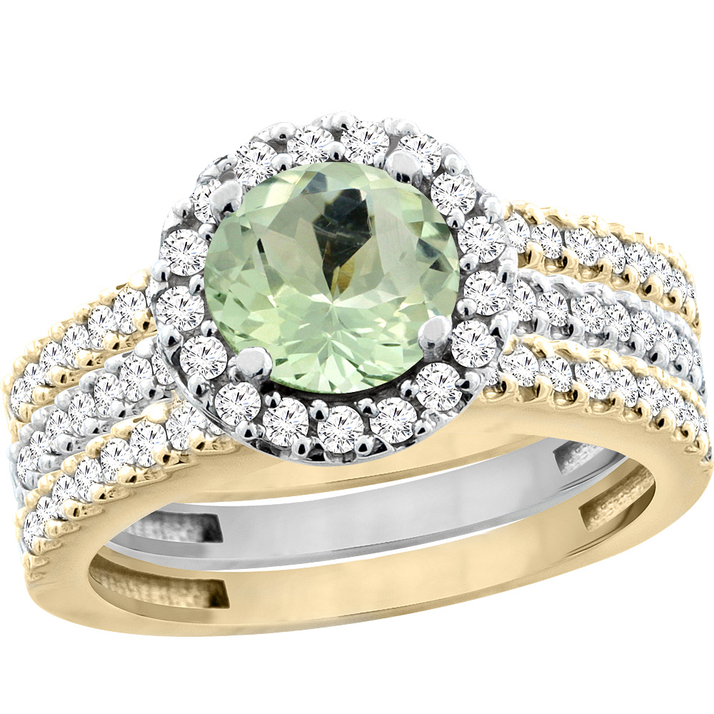 14K Gold Natural Green Amethyst 3-Piece Ring Set Two-tone Round 6mm Halo Diamond, sizes 5 - 10