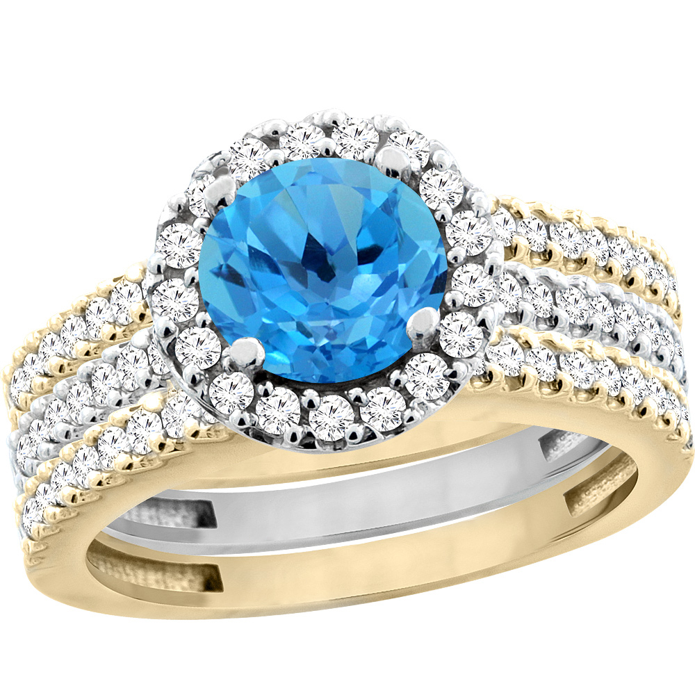 14K Gold Natural Swiss Blue Topaz 3-Piece Ring Set Two-tone Round 6mm Halo Diamond, sizes 5 - 10