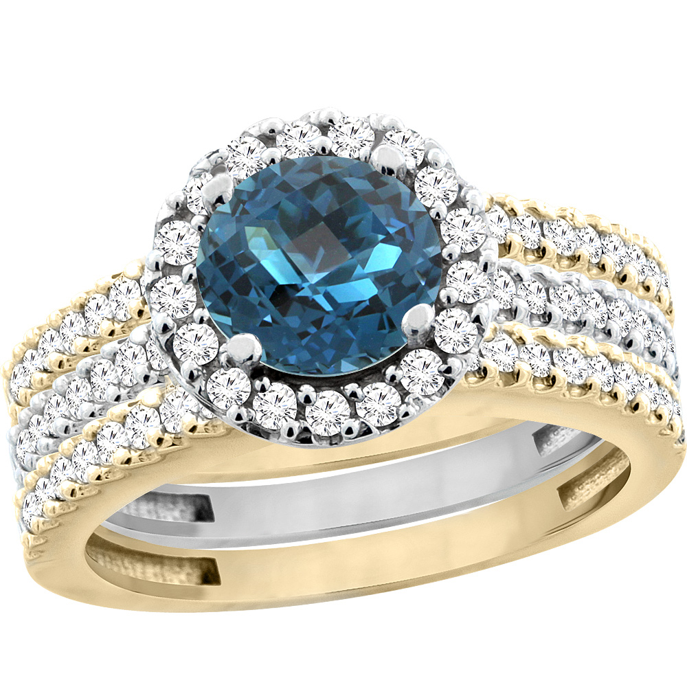 14K Gold Natural London Blue Topaz 3-Piece Ring Set Two-tone Round 6mm Halo Diamond, sizes 5 - 10