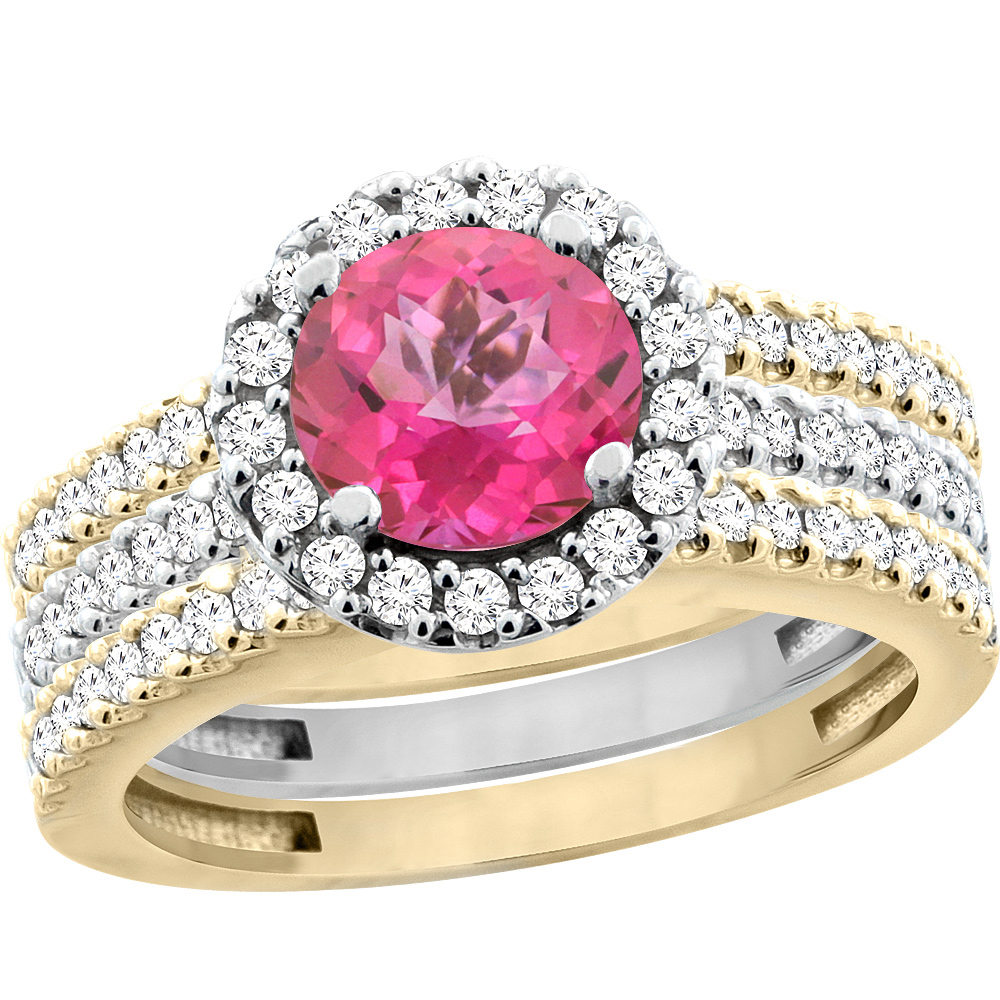 10K Gold Natural Pink Topaz 3-Piece Ring Set Two-tone Round 6mm Halo Diamond, sizes 5 - 10