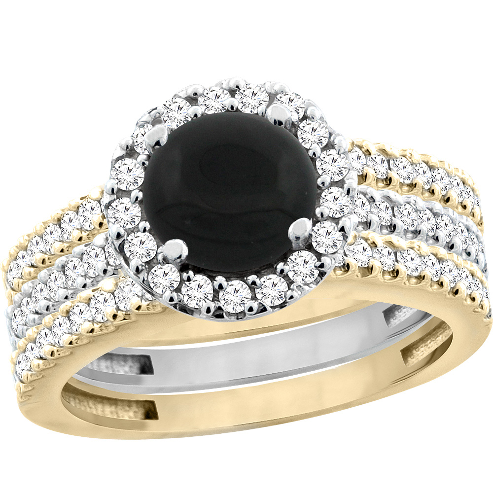10K Gold Natural Black Onyx 3-Piece Ring Set Two-tone Round 6mm Halo Diamond, sizes 5 - 10