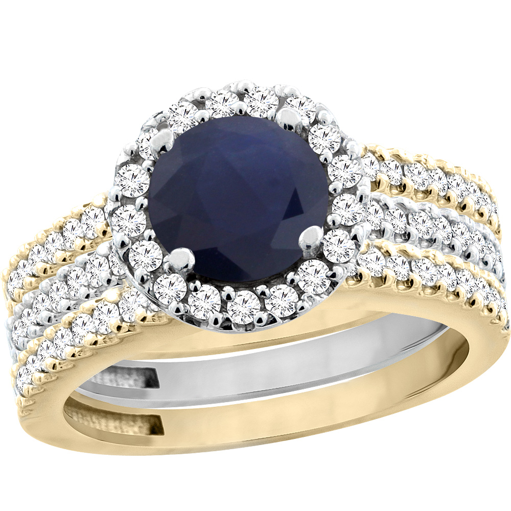 10K Gold Diamond Halo Natural Quality Blue Sapphire 3pc Engagement Ring Set Two-tone Round 6mm,size5-10