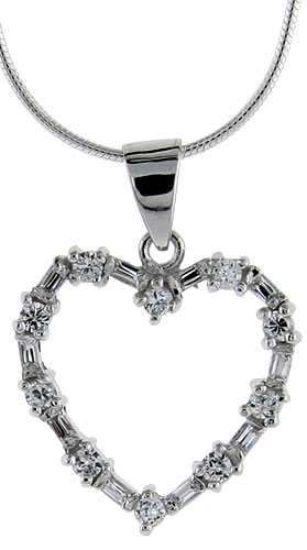 Sterling Silver Heart pendant with Round &amp; Baguette Cubic Zirconia