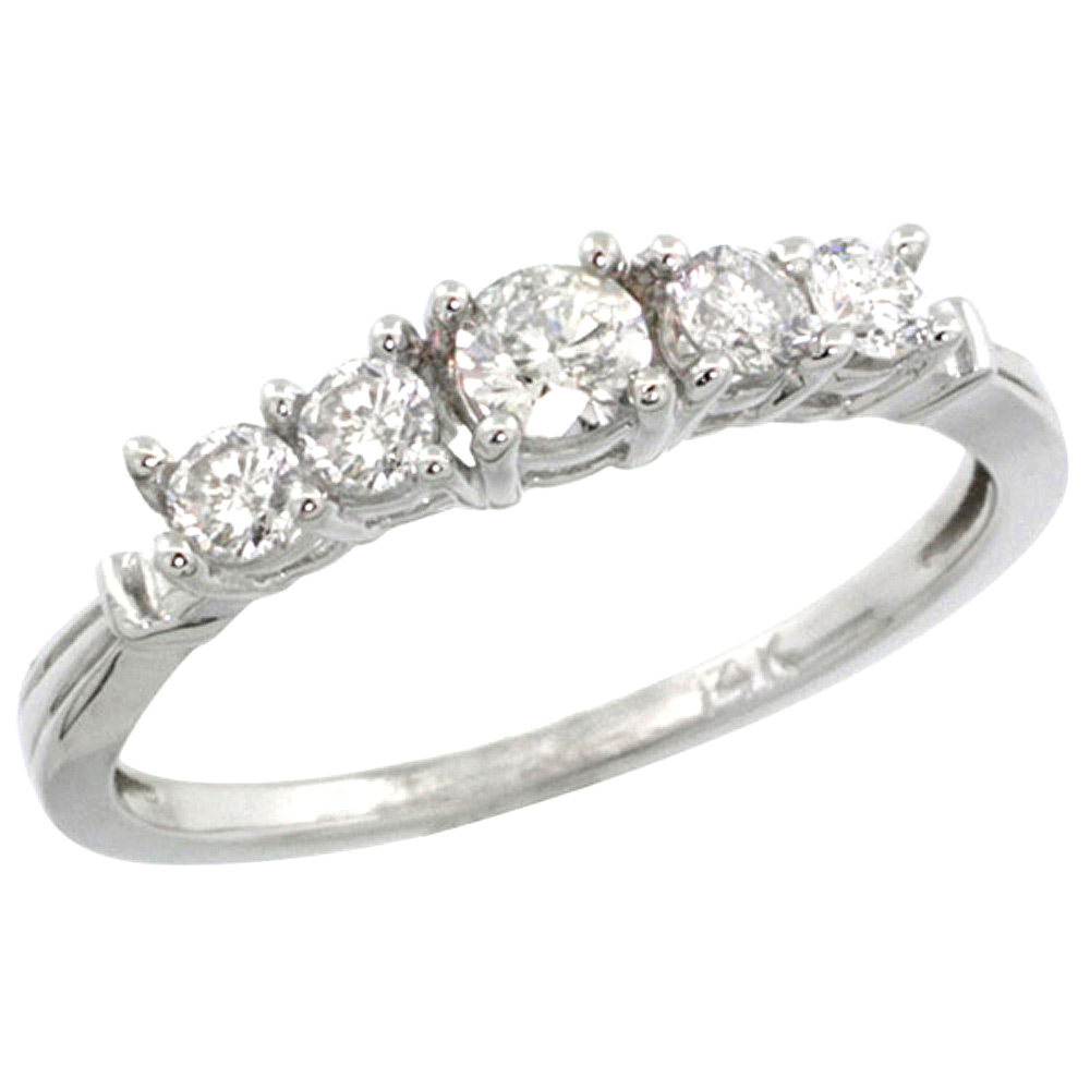 14K WHITE GOLD 5-STONE DIAMOND RING W/ 0.47 CARAT BRILLIANT CUT ( H-I COLOR; SI1 CLARITY ) DIAMONDS, 1/8 IN. (3.5MM) WIDE