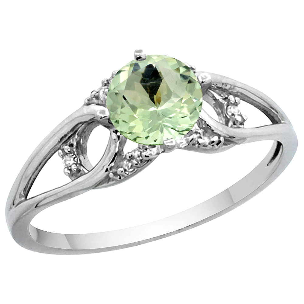 14k White Gold Diamond Natural Green Amethyst Engagement Ring Round 6 mm, sizes 5 - 10