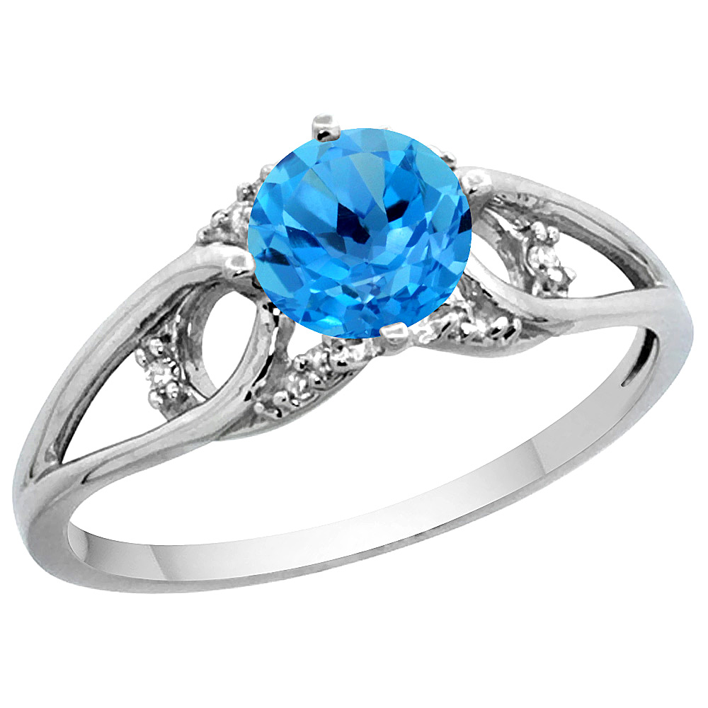 14k White Gold Diamond Natural Swiss Blue Topaz Engagement Ring Round 6 mm, sizes 5 - 10