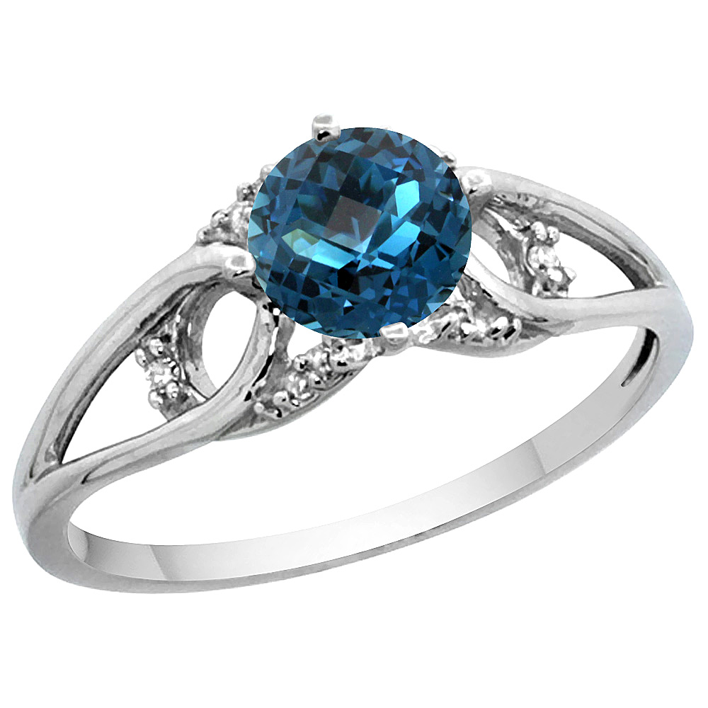 14k White Gold Diamond Natural London Blue Topaz Engagement Ring Round 6 mm, sizes 5 - 10