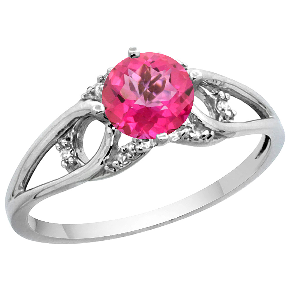 14k White Gold Diamond Natural Pink Topaz Engagement Ring Round 6 mm, sizes 5 - 10