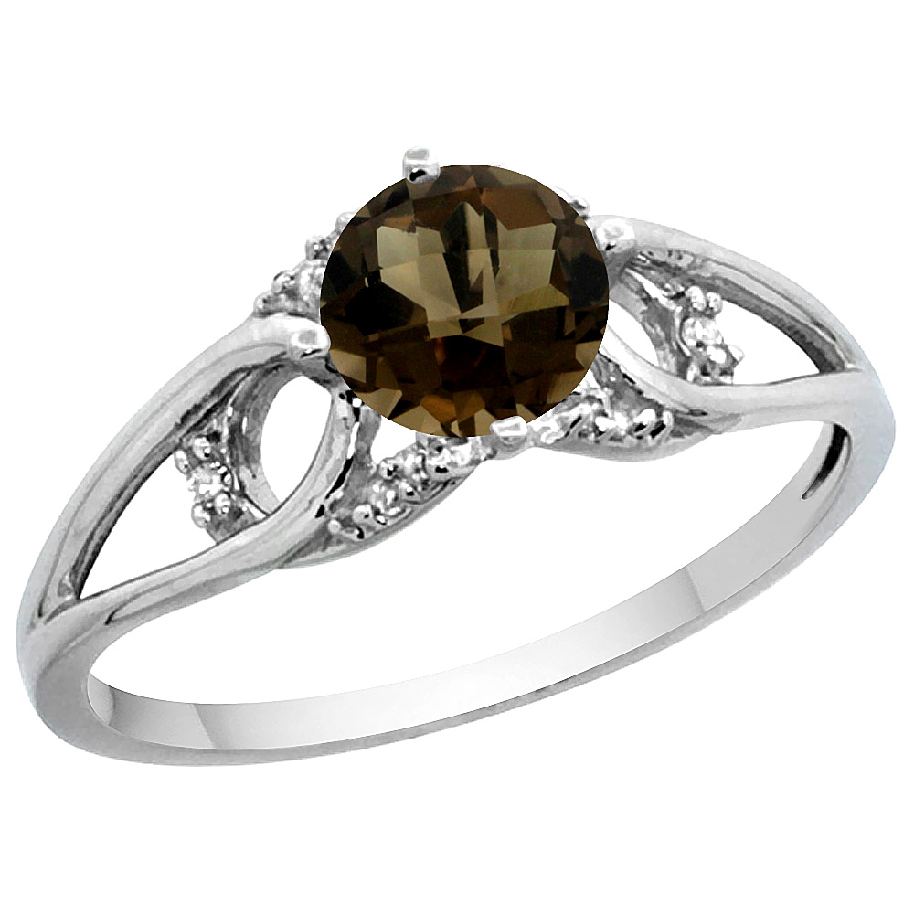14k White Gold Diamond Natural Smoky Topaz Engagement Ring Round 6 mm, sizes 5 - 10