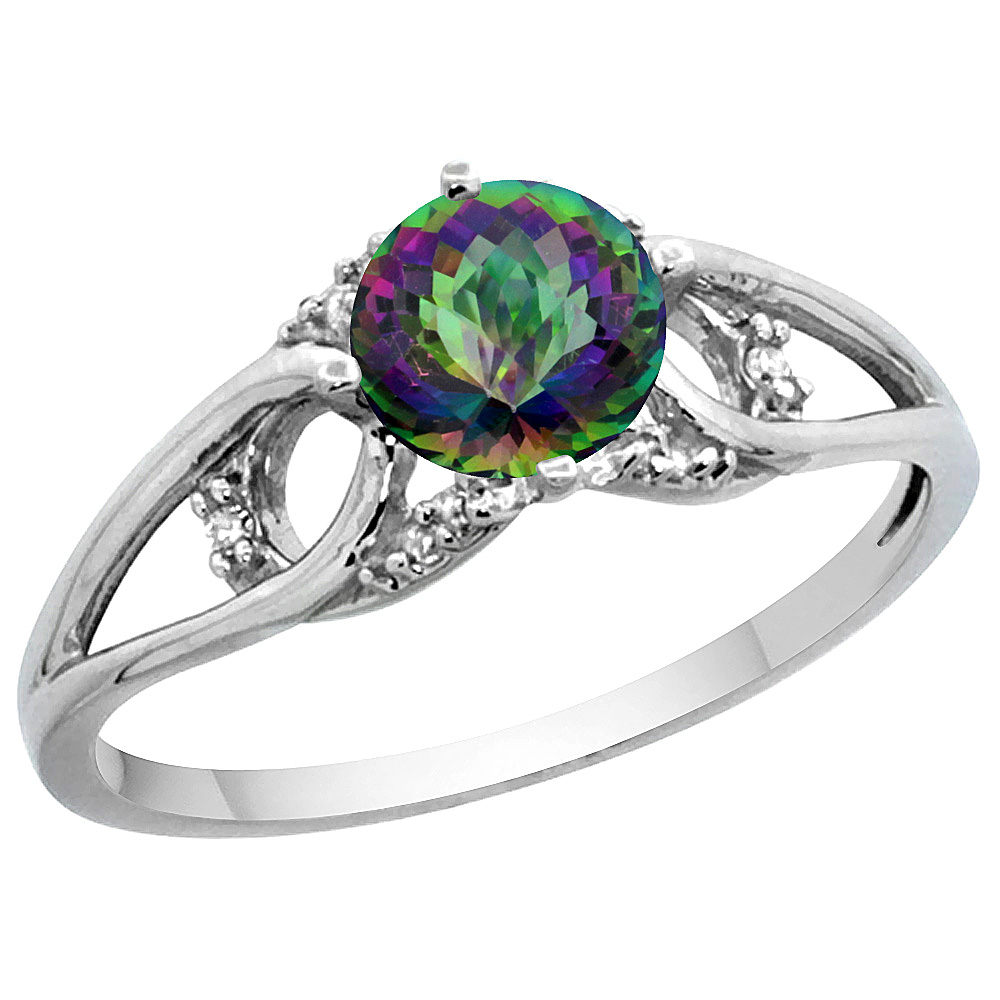 14K WHITE GOLD DIAMOND NATURAL MYSTIC TOPAZ ENGAGEMENT RING ROUND 6 MM, SIZES 5 - 10