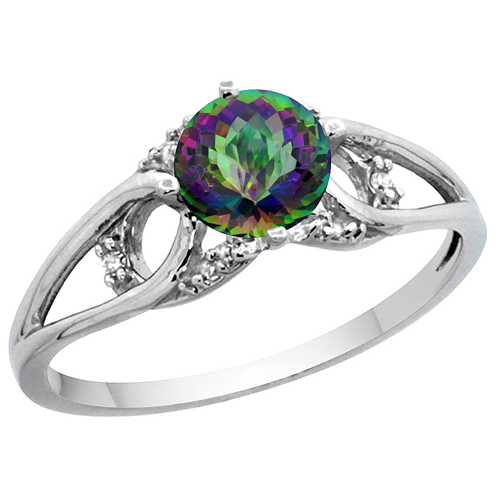 14k White Gold Diamond Natural Mystic Topaz Engagement Ring Round 6 mm, sizes 5 - 10