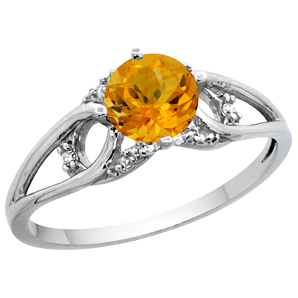 14k White Gold Diamond Natural Citrine Engagement Ring Round 6 mm, sizes 5 - 10