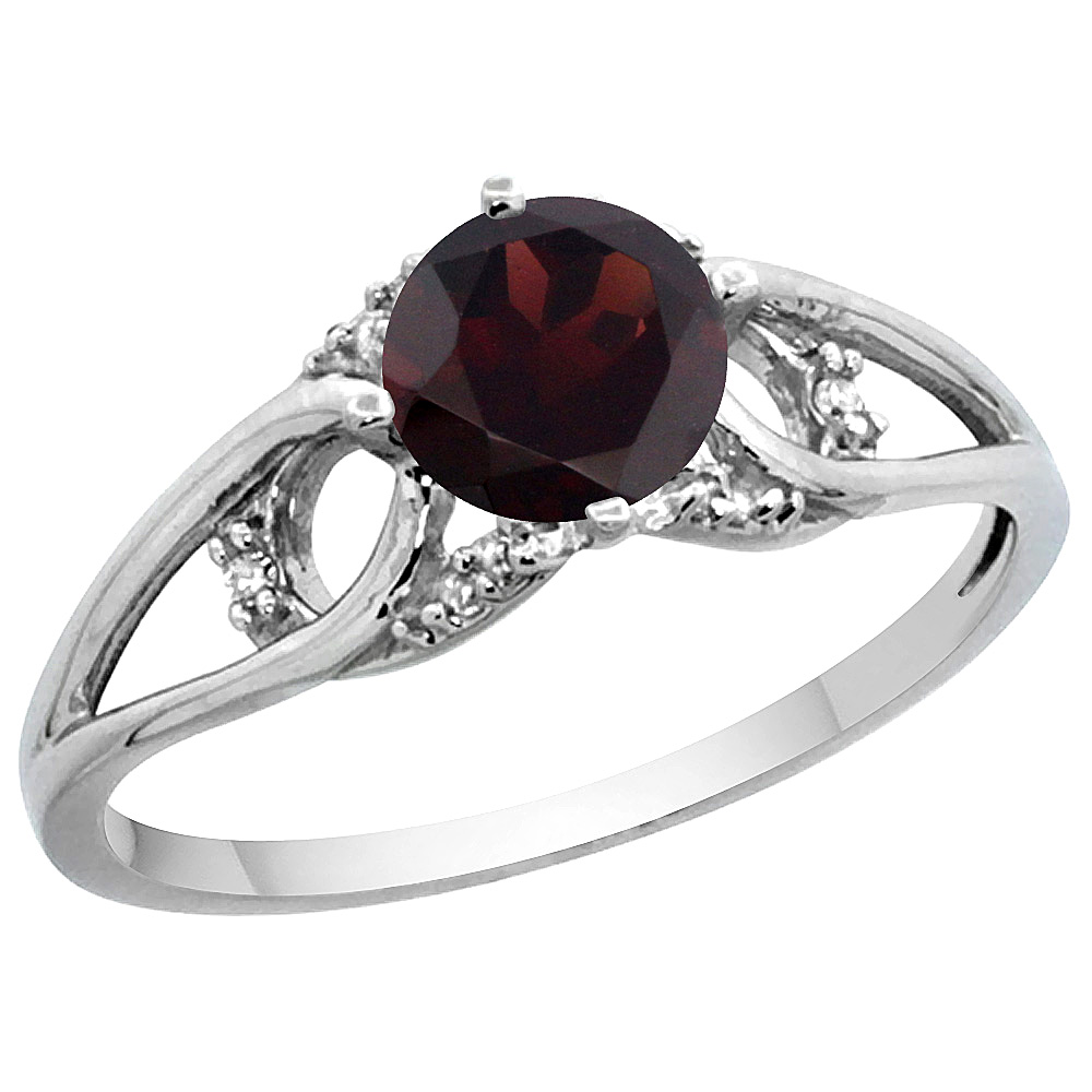 14K WHITE GOLD DIAMOND NATURAL GARNET ENGAGEMENT RING ROUND 6 MM, SIZES 5 - 10