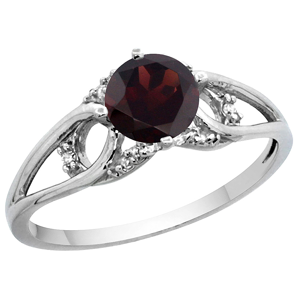 14k White Gold Diamond Natural Garnet Engagement Ring Round 6 mm, sizes 5 - 10